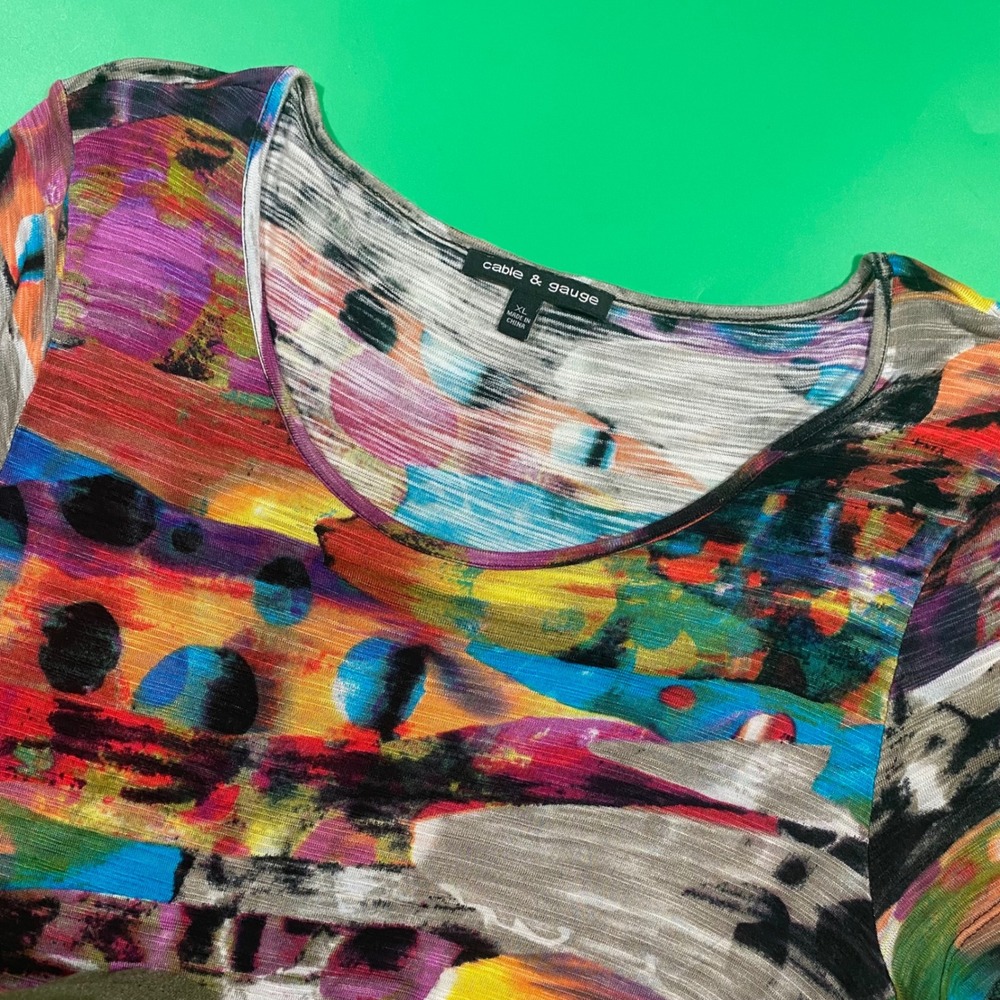 Cable Gauge Abstract Print Tunic‎ Top Women's XL Multicolored Short Sleeve